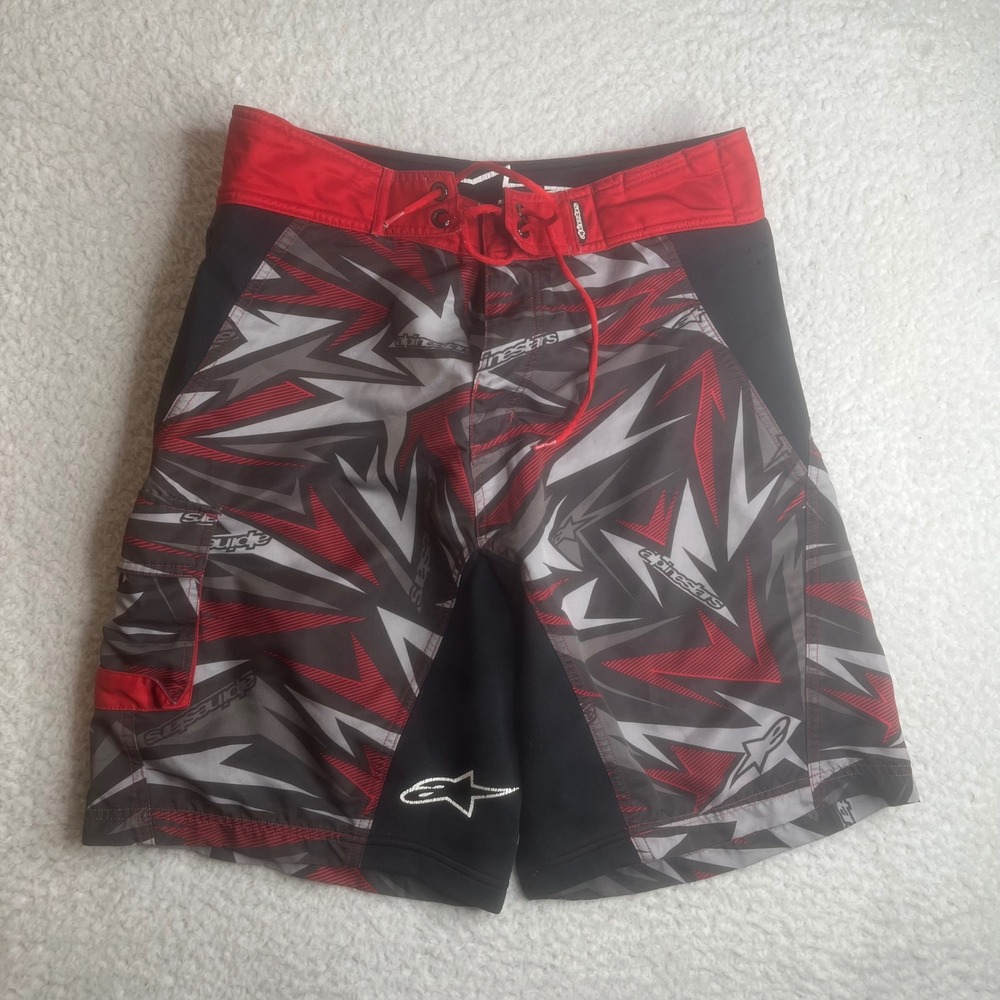 Y2K Alpine stars Mens Board Shorts Size 30 Red Black Geometric Print Swim Trunks